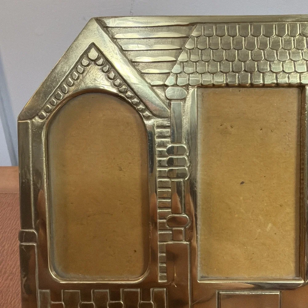 Vtg Brass Triple Photo Frame House Theme 8.5
